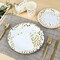 210-piece party supplies set, featuring white and gold dot paper plates, cups, napkins, and heavy-duty silverware. This set is designed to serve 30 guests, making it perfect for birthdays, graduations, weddings, and festivals, adding an elegant touch